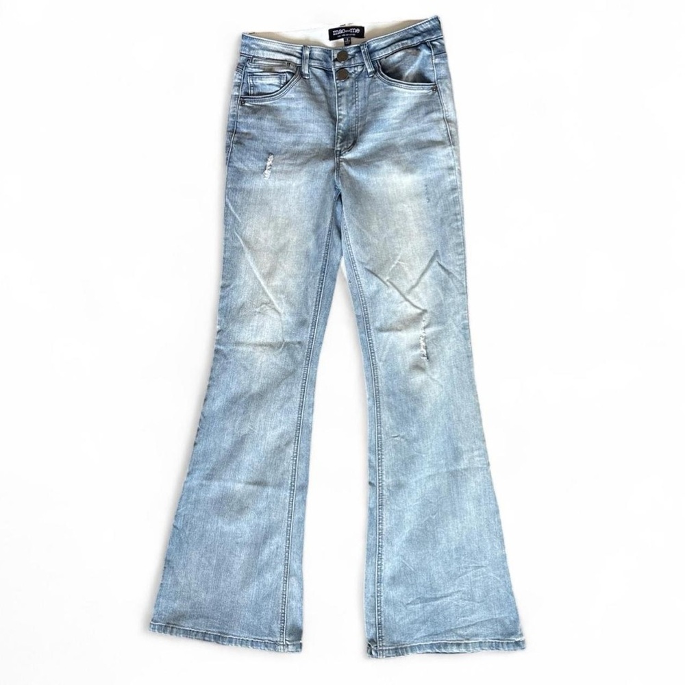 Mac and Me You Are Loved Blue Light Wash Distressed Boot cut flare stretch jeans